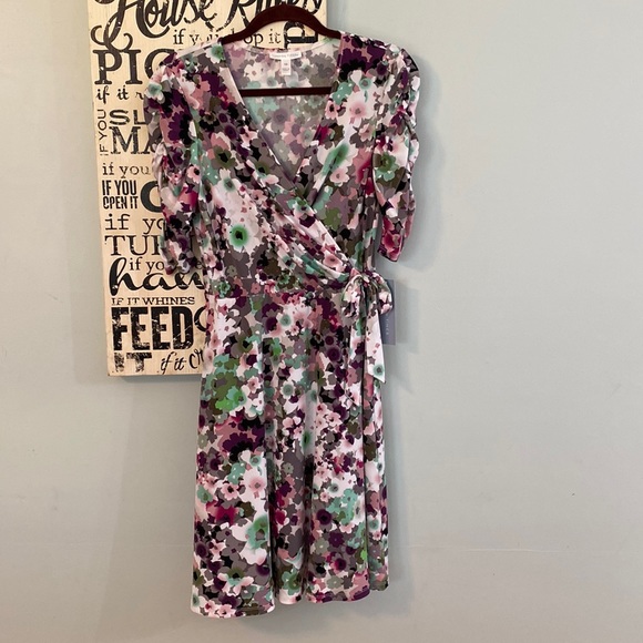 NWT London Times Faux Wrap Watercolor Print Ruched Sleeves Dress Size 10 - Picture 1 of 11